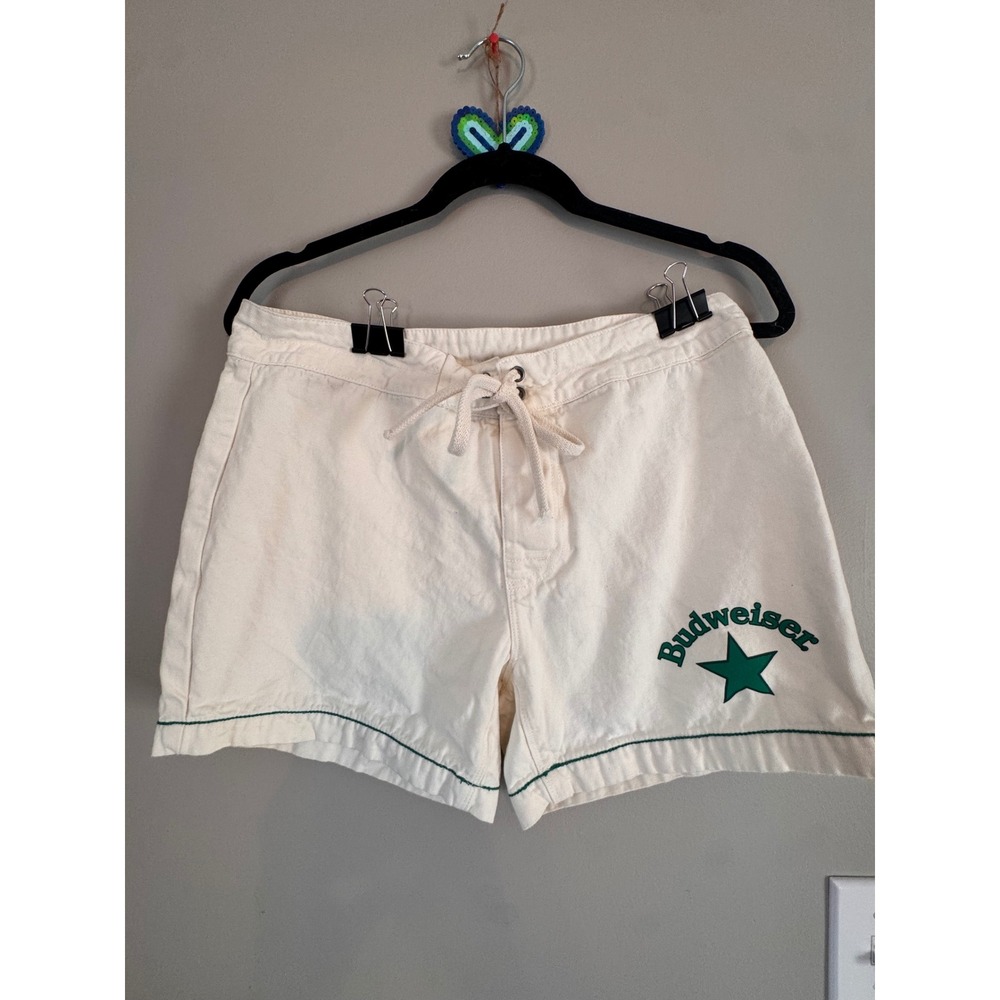 PacSun Budweiser Canvas Shorts Cream Green Logo Drawstring Size 30
